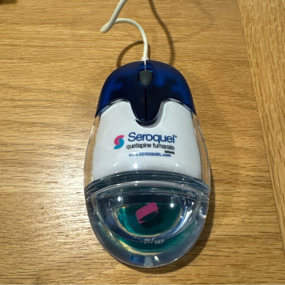 Blue and White Seroquel Branded Computer Mouse